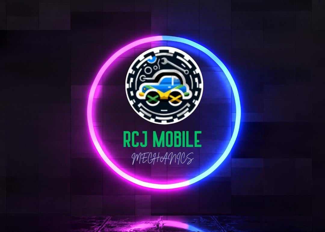 Neon sign with 'RCJ Mobile Mechanics' logo and text on a dark background